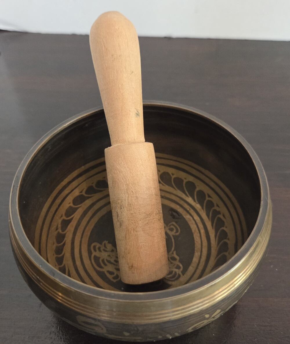 Tibetan Singing Bowl Set Om Mani Padme Hum Mantra Etched Brass Meditation 4x2.5